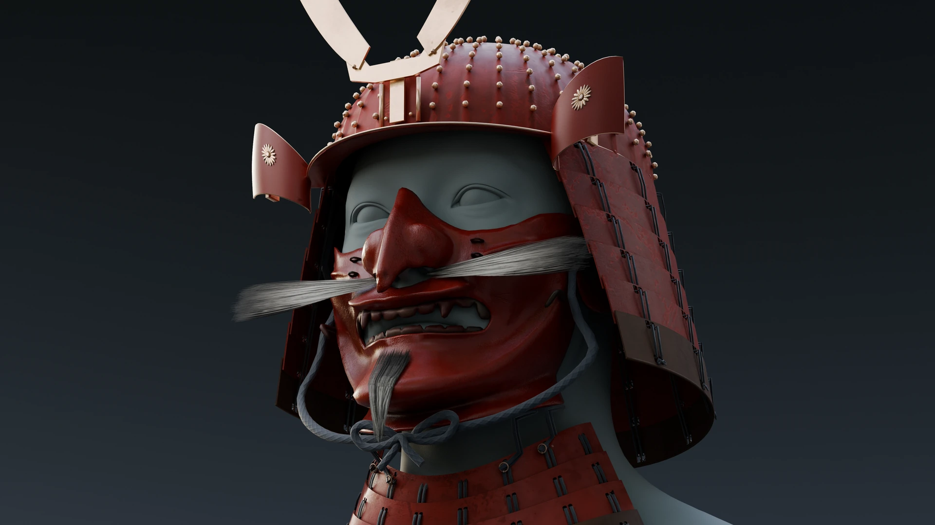 Vermilion riveted helmet with a red half mask and black tying cord