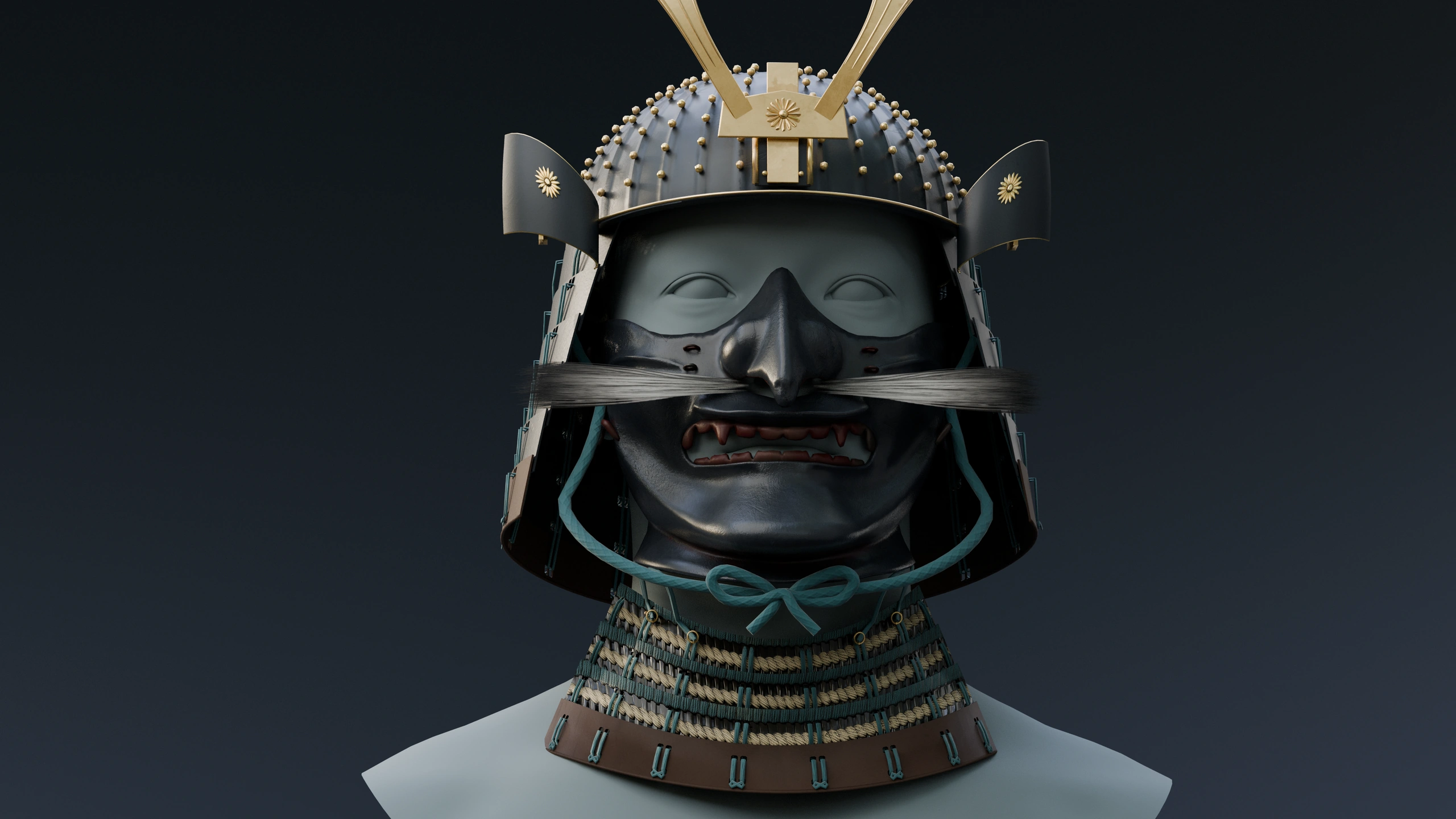 Dark helmet, iron mask, teal cord and odoshi lacing on the throat guard