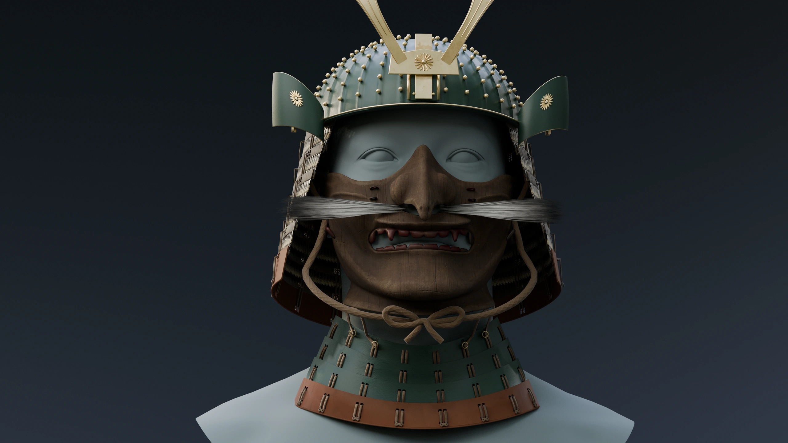 Green helmet, carved wood mask and lacquer throat guard