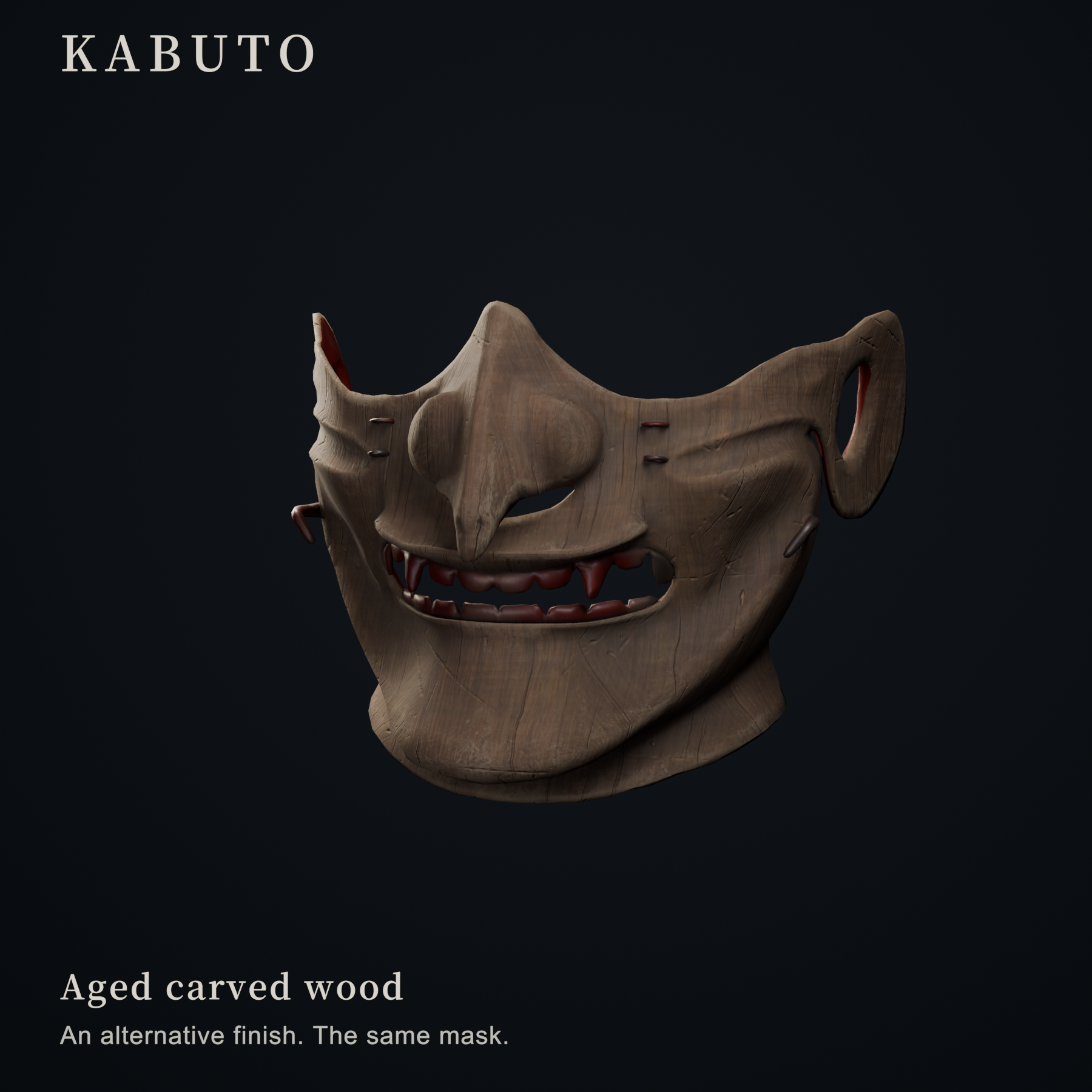 KABUTO mask with the aged carved wood finish